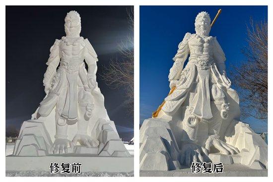 黑龙江佳木斯“黑悟空”雪雕修复记：苹果肌变小引发热议